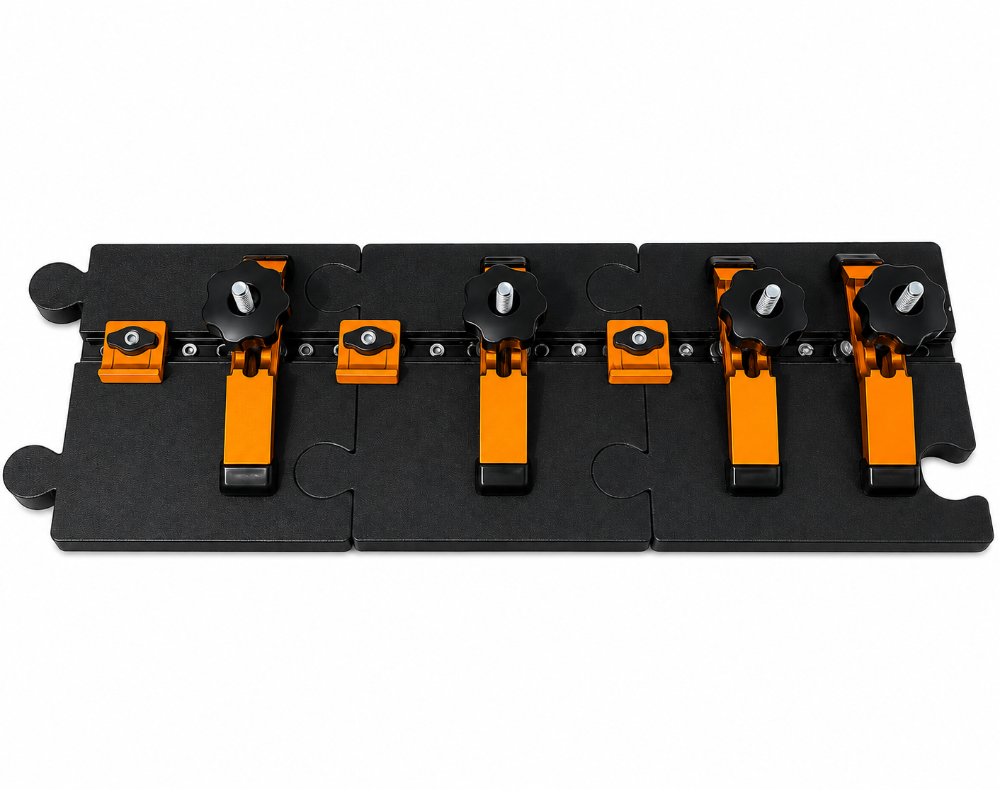TierCraft® InterLock CNC Pod and Rail Clamp System featuring three modular puzzle-style workholding pods, adjustable orange clamps, and a continuous rail for CNC router fixture setups.