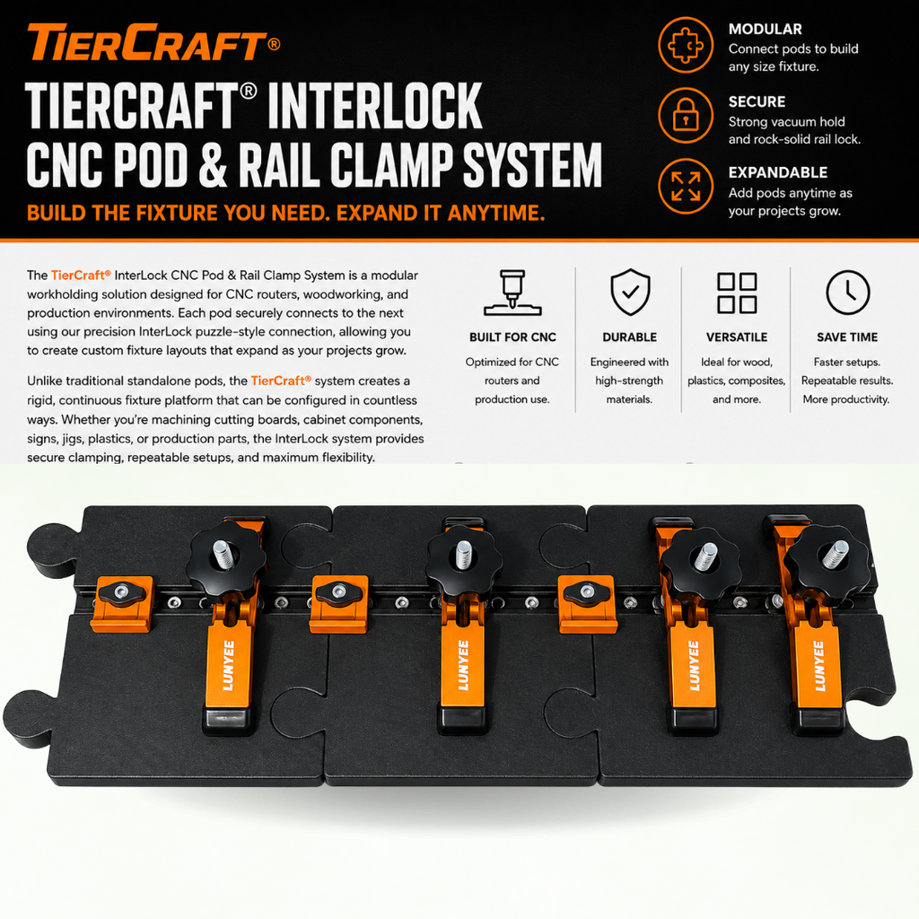 CNC pod clamp system, CNC rail clamp fixture, modular CNC workholding, CNC router clamps, pod and rail CNC fixture, interlocking CNC pods, adjustable CNC clamps, woodworking CNC fixture, cabinet manufacturing clamps, TierCraft CNC accessories. Modular CNC workholding system with interlocking pods, adjustable rail clamps, and an expandable fixture layout.