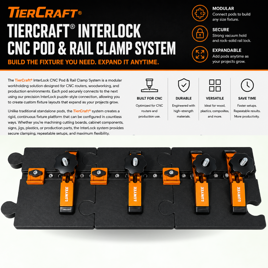 CNC pod clamp system, CNC rail clamp fixture, modular CNC workholding, CNC router clamps, pod and rail CNC fixture, interlocking CNC pods, adjustable CNC clamps, woodworking CNC fixture, cabinet manufacturing clamps, TierCraft CNC accessories. Modular CNC workholding system with interlocking pods, adjustable rail clamps, and an expandable fixture layout.
